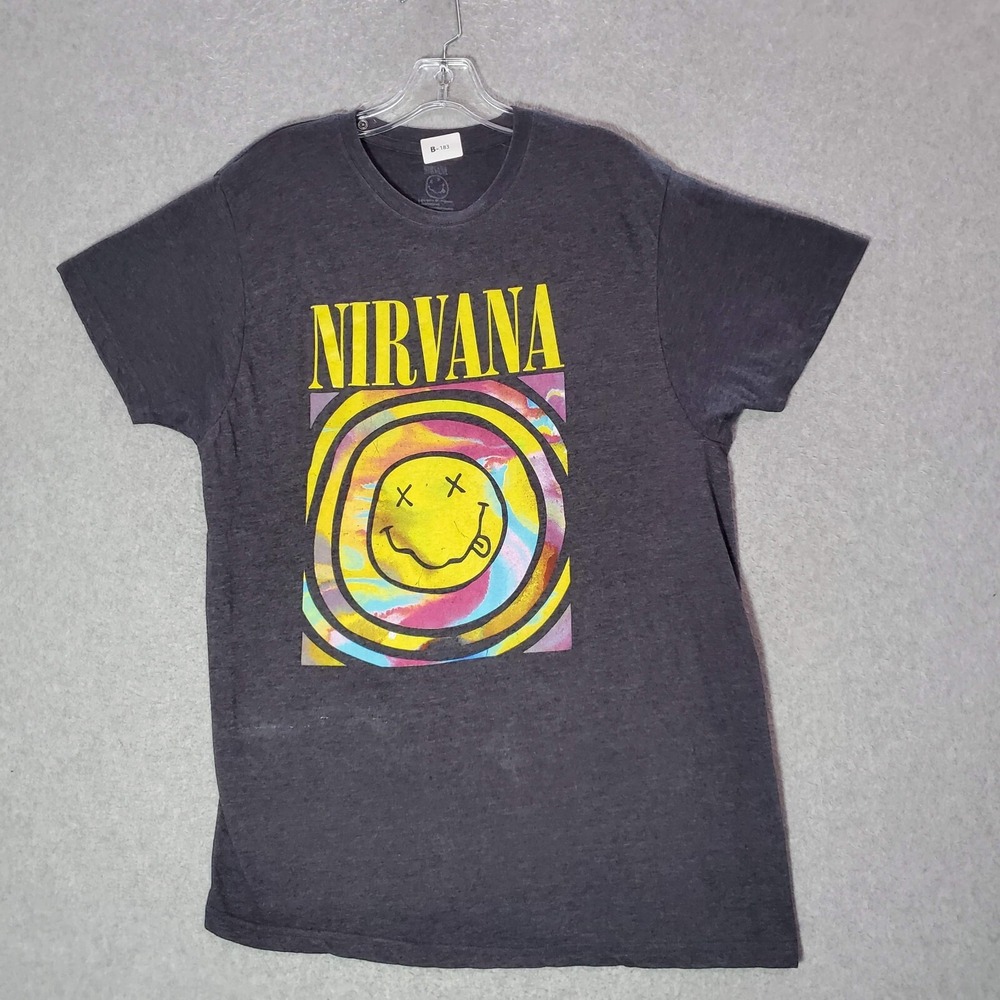 Nirvana Women Shirt XL Gray Shirt Tie Dye Smiley Face Graphic Print Short Sleeve